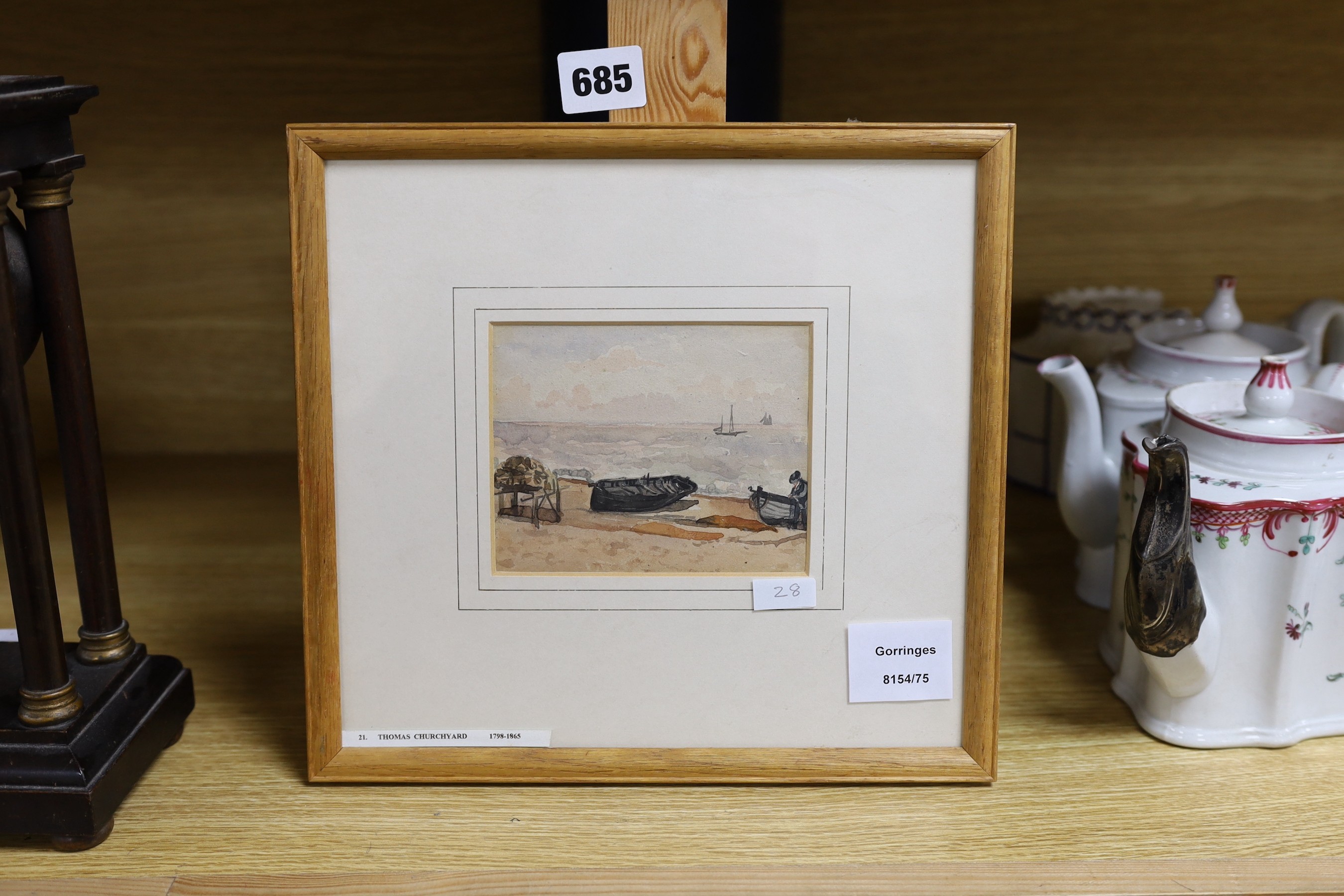 Thomas Churchyard (1798–1865), watercolour, Coastal scene with moored boats, 10 x 12cm